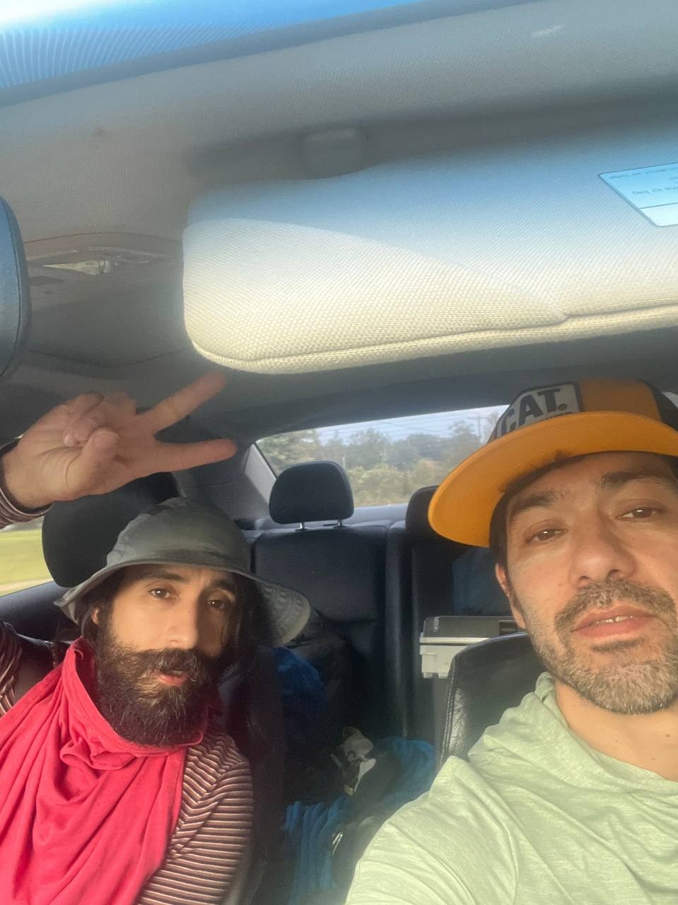 Road-trip selfie with a climbing buddy in the car